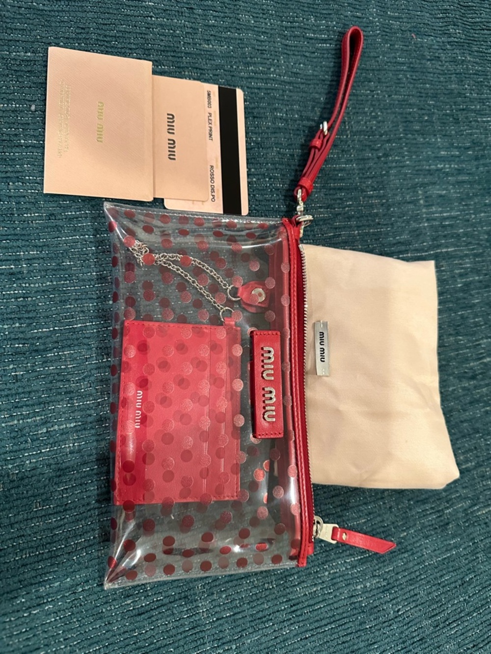 Miu Miu Clear Red Polka Dot Wristlet with Cardholder
